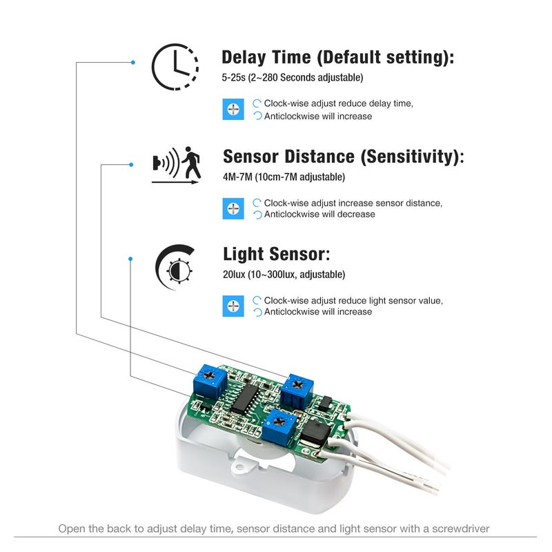 SENSKY BS010WL DC 12v to 24v Mini Pir Motion Sensor Switch Occupancy Sensor Switch for DIY LED Lighting (Light Sensor, Delay Time, Sensor Distance, Adjustable) - Image 3